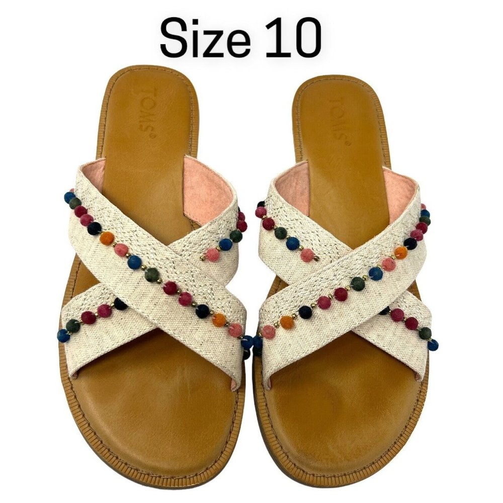 Toms Viv Pom Pom Slide Sandal Womens 10 Natural Hemp Casual Slip On Open Toe